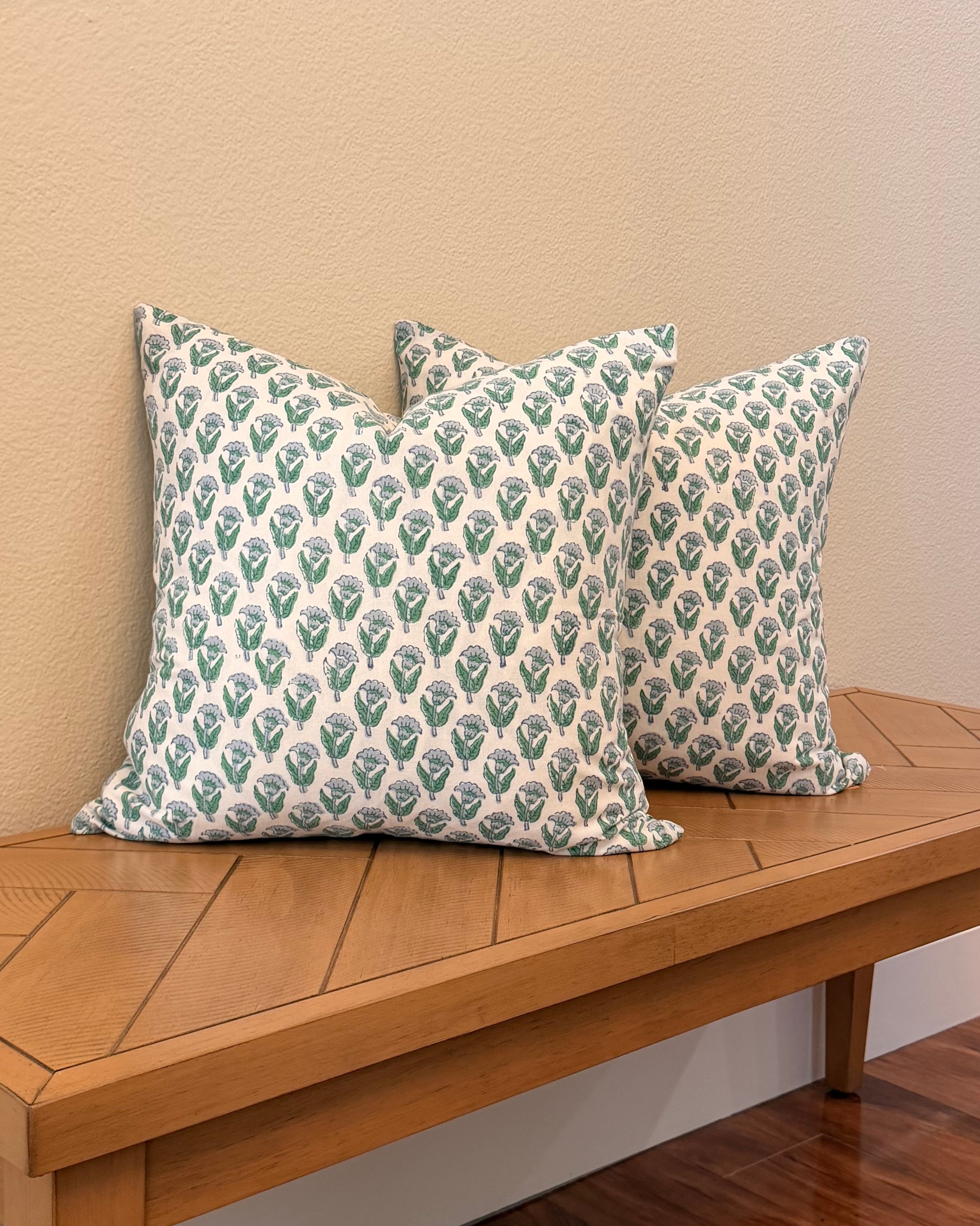 Hand Block printed throw pillow with small florals in Sage and Slate.