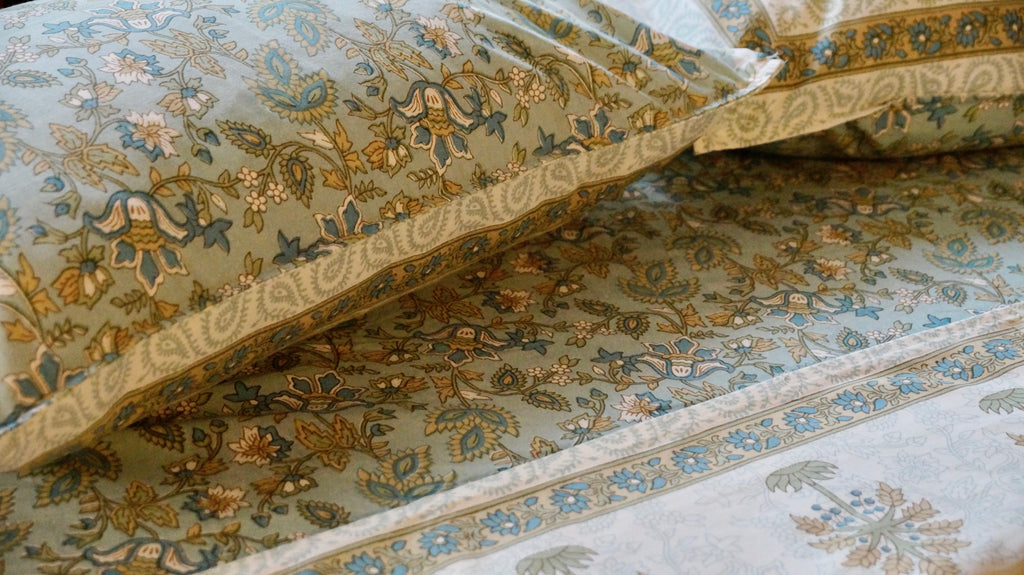 Foundation Edit Blue Meadows hand-block printed South Cotton bedsheet set by DewDropHues, featuring an intricate floral design and breathable heritage weave.