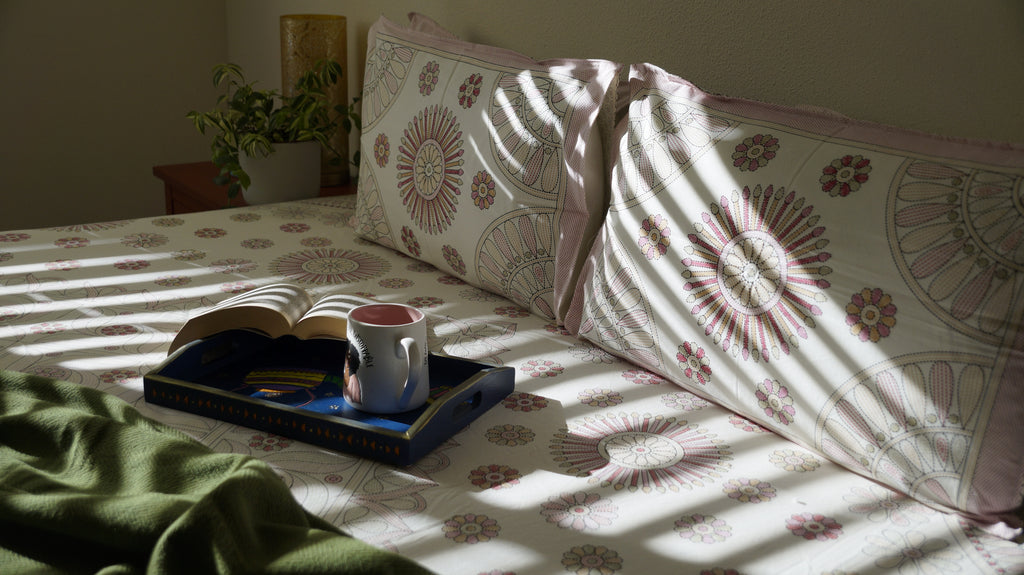 Circle Medley hand-block printed floral pattern on breathable South Cotton bedding