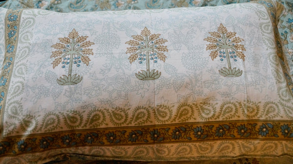 Foundation Edit Blue Meadows hand-block printed South Cotton bedsheet set by DewDropHues, featuring an intricate floral design and breathable heritage weave.