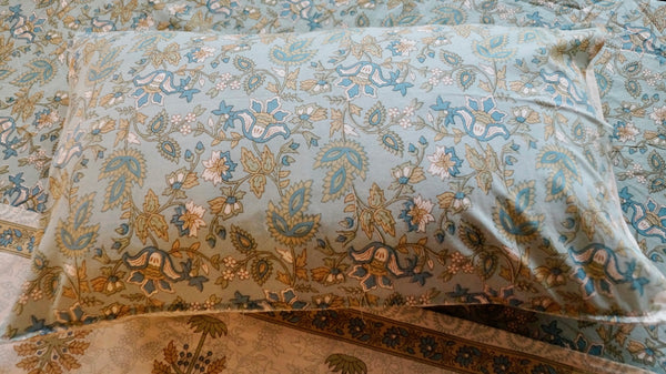 Foundation Edit Blue Meadows hand-block printed South Cotton bedsheet set by DewDropHues, featuring an intricate floral design and breathable heritage weave.