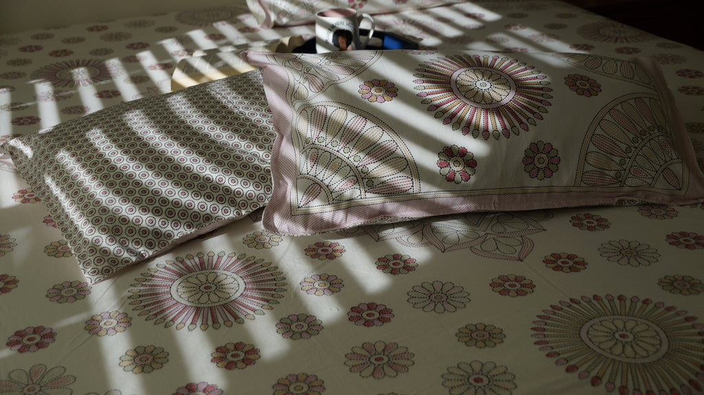 Circle Medley hand-block printed floral pattern on breathable South Cotton bedding