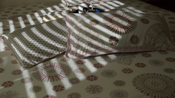 Circle Medley hand-block printed floral pattern on breathable South Cotton bedding