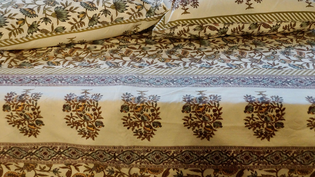 Foundation Edit Garden Glow hand-block printed South Cotton bedsheet set by DewDropHues, featuring a natural botanical design and breathable artisanal weave.